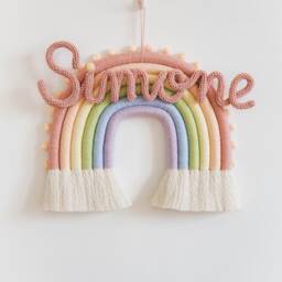 Pastel Macrame Rainbow Wall Hanging Nursery Decor With Pompoms - thumbnail 2