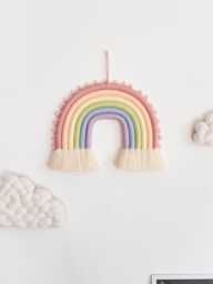 Pastel Macrame Rainbow Wall Hanging Nursery Decor With Pompoms - thumbnail 1