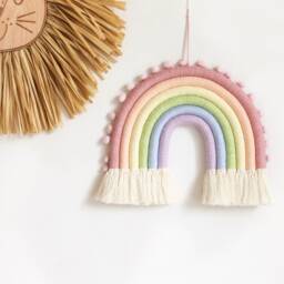 Pastel Macrame Rainbow Wall Hanging Nursery Decor With Pompoms - thumbnail 4