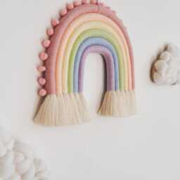 Pastel Macrame Rainbow Wall Hanging Nursery Decor With Pompoms - thumbnail 3
