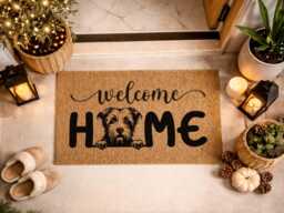 Custom Pet Illustration Mat - Elegant Cursive Home Sign Unique Dog Owner Gift Rug - thumbnail 1