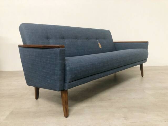 Model 55 Danish Inspired Vintage Mid Century 50S 60S 3 Seat Cocktail Lounge Sofa Settee in Denim Blue Fabric - image 1