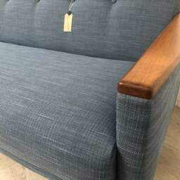 Model 55 Danish Inspired Vintage Mid Century 50S 60S 3 Seat Cocktail Lounge Sofa Settee in Denim Blue Fabric - thumbnail 4