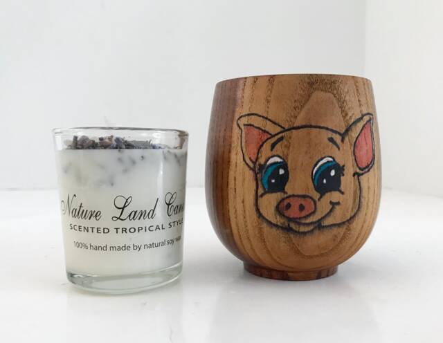 Bamboo Cup With Wood Burned Colored Pig & 100% Soy Votive Candle - image 1