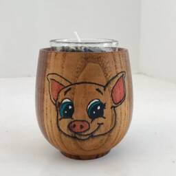 Bamboo Cup With Wood Burned Colored Pig & 100% Soy Votive Candle - thumbnail 2