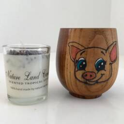 Bamboo Cup With Wood Burned Colored Pig & 100% Soy Votive Candle - thumbnail 4