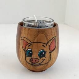 Bamboo Cup With Wood Burned Colored Pig & 100% Soy Votive Candle - thumbnail 3