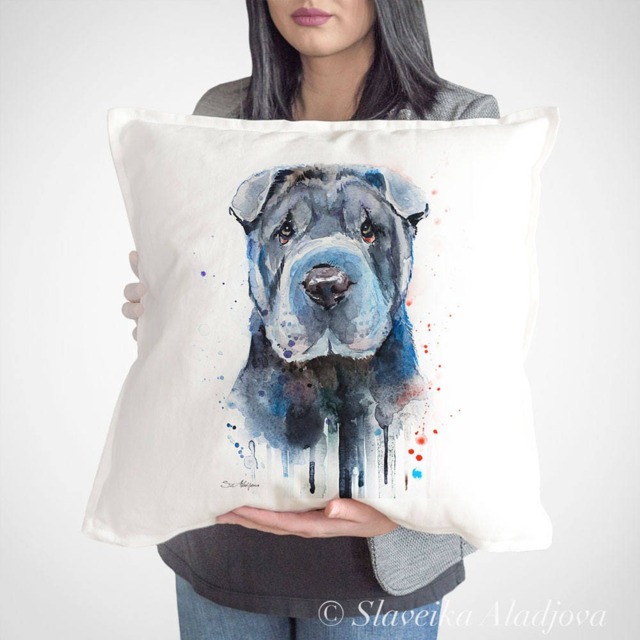 Shar Pei Throw Pillow Cover By Slaveika Aladjova, Cushion Cover, Decorative Pillow Cover, Animal Art, Watercolor Pillow, Christmas Gift - image 1