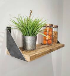 Rustic Shelf & Raw Steel Brackets - Handmade Wooden Industrial Wall Shelving UK Made Free Delivery - thumbnail 1