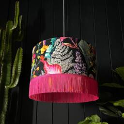 Hot Pink Tropical Acid Jungle Lampshade With Gold Lining & Fringing - thumbnail 2