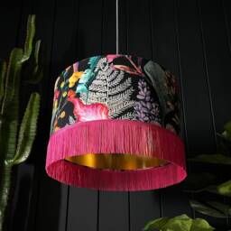 Hot Pink Tropical Acid Jungle Lampshade With Gold Lining & Fringing - thumbnail 1