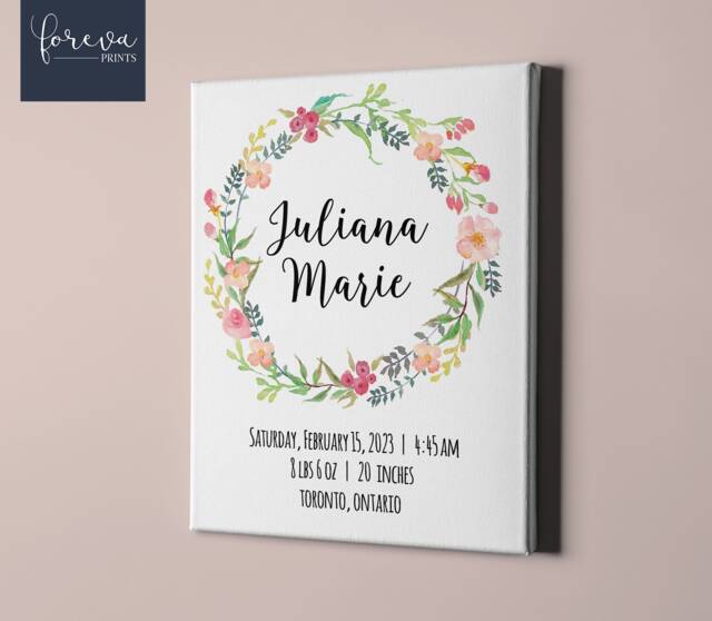 Newborn Gift Idea - Birth Announcement Canvas Wall Art Personalised Baby Details Print Custom Floral Wreath - image 1