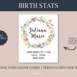 Newborn Gift Idea - Birth Announcement Canvas Wall Art Personalised Baby Details Print Custom Floral Wreath - thumbnail 3