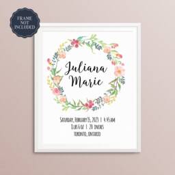 Newborn Gift Idea - Birth Announcement Canvas Wall Art Personalised Baby Details Print Custom Floral Wreath - thumbnail 2