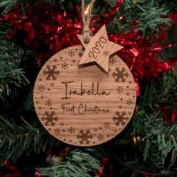 Oak, Cherry Or Walnut - Personalised Baby's 1st First Christmas Xmas Tree Decoration/Bauble Ornament With Charm Wooden Wood Engraved - thumbnail 1