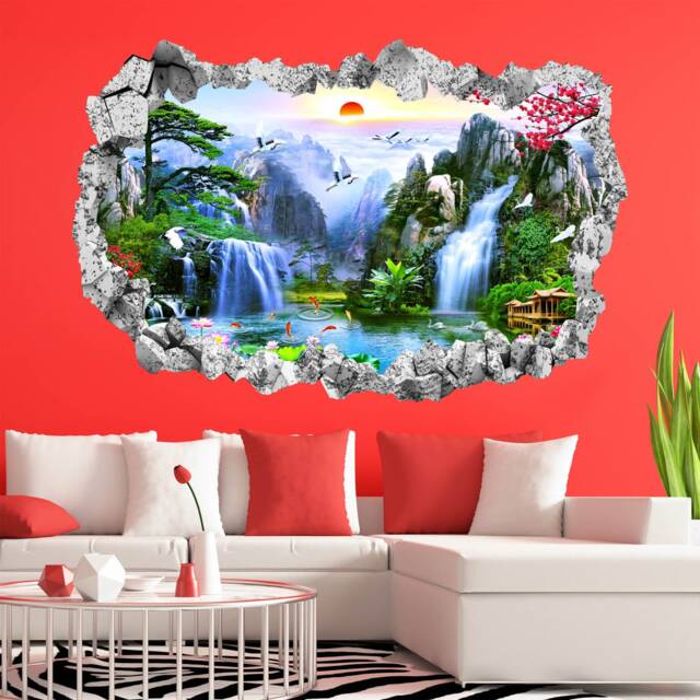 Waterfall Birds Flowers Swans Wall Decal Sticker Mural Poster Print Art Home Office Decor Ka3 - image 1