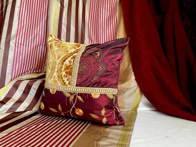 Bohemian Quilted Silk Pillow Cover, Burgundy Red Gold, Jane Hall Design - image 1