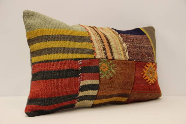Turkish Kilim Pillow Cover, Vintage Wool Patchwork Lumbar Cushion - 12x20 In - image 1