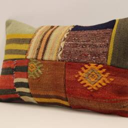 Turkish Kilim Pillow Cover, Vintage Wool Patchwork Lumbar Cushion - 12x20 In - thumbnail 3