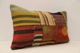Turkish Kilim Pillow Cover, Vintage Wool Patchwork Lumbar Cushion - 12x20 In