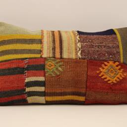 Turkish Kilim Pillow Cover, Vintage Wool Patchwork Lumbar Cushion - 12x20 In - thumbnail 2