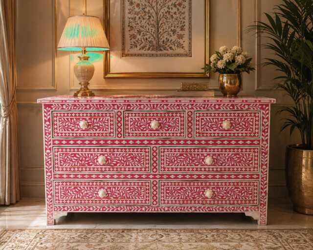 Designer Bone Inlay Pink Floral Pattern Inlay Chest Of 7 Drawers - image 1