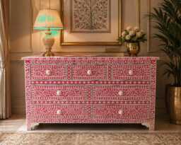 Designer Bone Inlay Pink Floral Pattern Inlay Chest Of 7 Drawers
