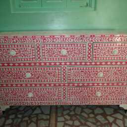 Designer Bone Inlay Pink Floral Pattern Inlay Chest Of 7 Drawers - thumbnail 4