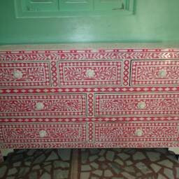 Designer Bone Inlay Pink Floral Pattern Inlay Chest Of 7 Drawers - thumbnail 3