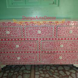 Designer Bone Inlay Pink Floral Pattern Inlay Chest Of 7 Drawers - thumbnail 2