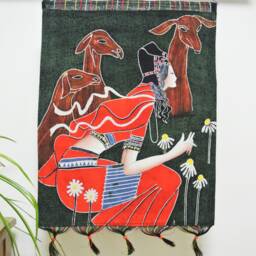 Vintage , Batik Painting Tapestry, The Shepherdess, Good Luck For Artist, Indigo Wall Hanging - thumbnail 2