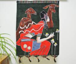 Vintage , Batik Painting Tapestry, The Shepherdess, Good Luck For Artist, Indigo Wall Hanging