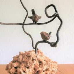 Birdies/Bronze Sculpture/ 3 Birds On 2 Curly Hazel Tree Branches/ Light Brown Patina/ Natural Holes in Decorative Stone/ Total 14 - thumbnail 3
