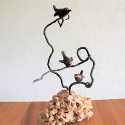 Birdies/Bronze Sculpture/ 3 Birds On 2 Curly Hazel Tree Branches/ Light Brown Patina/ Natural Holes in Decorative Stone/ Total 14 - thumbnail 2