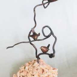 Birdies/Bronze Sculpture/ 3 Birds On 2 Curly Hazel Tree Branches/ Light Brown Patina/ Natural Holes in Decorative Stone/ Total 14 - thumbnail 4