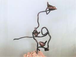 Birdies/Bronze Sculpture/ 3 Birds On 2 Curly Hazel Tree Branches/ Light Brown Patina/ Natural Holes in Decorative Stone/ Total 14