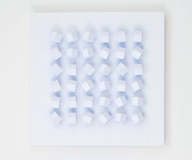 Modern Wall Art Sculpture Block Geometric Minimalist Grid Pattern White With Blue Color Reflection Rotatable Blocks Changeable Pattern - image 1