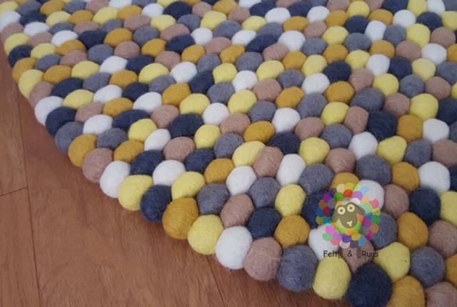 Yellow & Grey Felt Ball Rug Handmade Wool Rug - image 1
