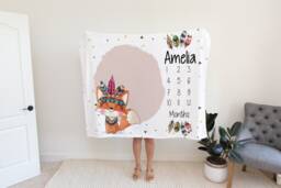 Wild Animal Milestone Blanket Girl Monthly Photos Blanket-Personalized Baby With Watercolor Fox - Shower Gift, Gift - thumbnail 1