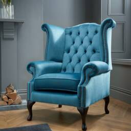 Chesterfield High Back Wing Chair in Plush Teal Blue Velvet - thumbnail 3