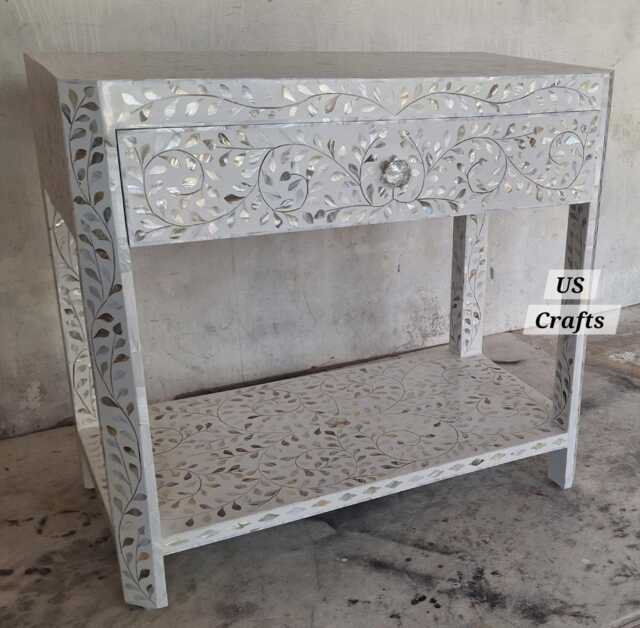 Mother Of Pearl Inlay Bedside Table With Shelf Blue, Nightstand White, Storage Unit - image 1
