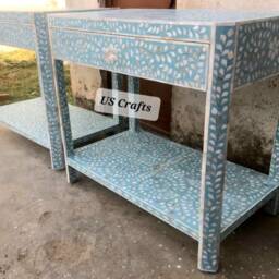Mother Of Pearl Inlay Bedside Table With Shelf Blue, Nightstand White, Storage Unit - thumbnail 3