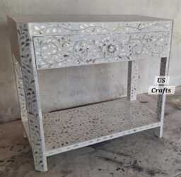 Mother Of Pearl Inlay Bedside Table With Shelf Blue, Nightstand White, Storage Unit