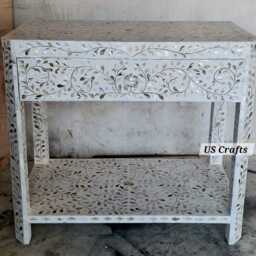 Mother Of Pearl Inlay Bedside Table With Shelf Blue, Nightstand White, Storage Unit - thumbnail 2