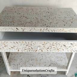 Mother Of Pearl Inlay Bedside Table With Shelf Blue, Nightstand White, Storage Unit - thumbnail 4