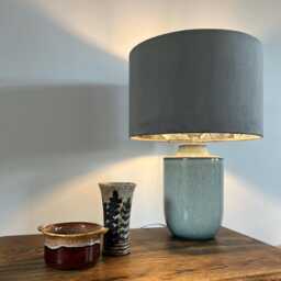 Grey Velvet Drum Lampshade, Double Sided Lampshade With Acanthus Blue Leaves Paper Interior, William Morris - thumbnail 2