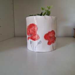 Handmade Ceramic Cat Planter Poppy Flower Pottery Pot - thumbnail 4