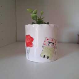 Handmade Ceramic Cat Planter Poppy Flower Pottery Pot - thumbnail 1