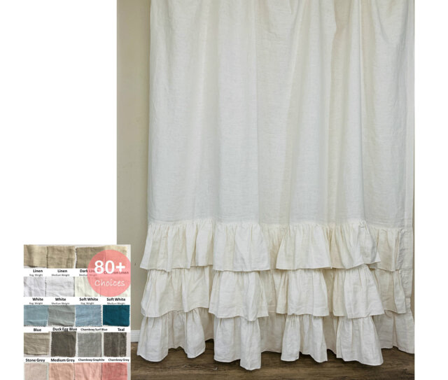 Natural Linen Shower Curtain With Tiered Ruffles, Fabulous Chic Mildew-Free, 72x72, 72x85, 72x94, Or Custom Size, 80+ Linen Fabric Choices - image 1