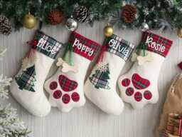 Personalized Pet Christmas Stockings, Christmas Gift, Christmas Dog Paw Family Plaid Stockings